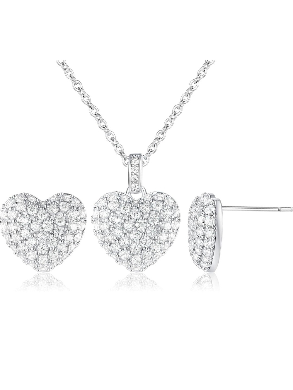 Silver Heart Cubic Zirconia Necklace and Earrings Set - Silver